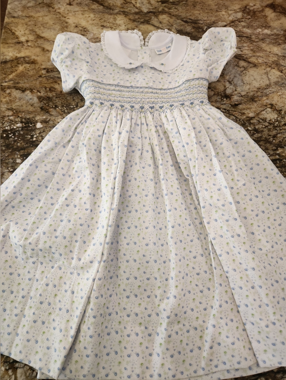 Smocked Floral Peter Pan Collar Kids Dress in White and Blue